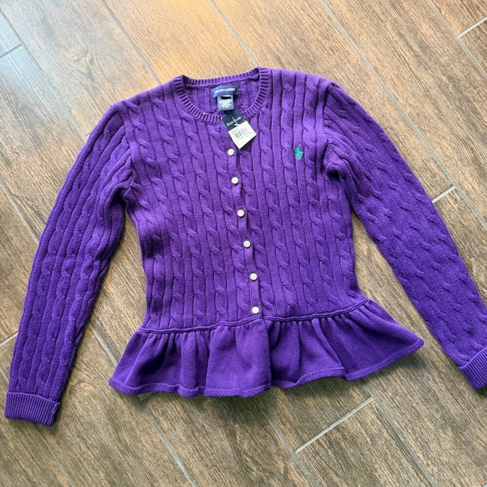Ralph Lauren Girls Purple Cable Knit Peplum Cardigan Sweater NWT Size L 12-14